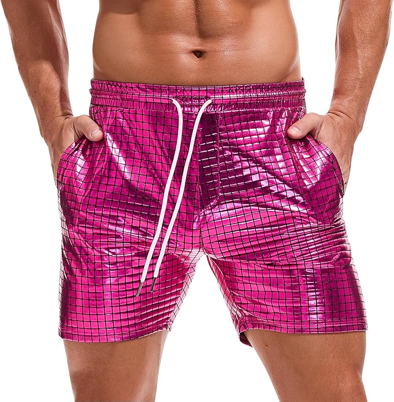 AMY COULEE Mens Metallic Shorts 5" Shiny Holographic Disco Shorts Outfit Sparkly Rave Hot Drawstring Shorts - TrendyLookz
