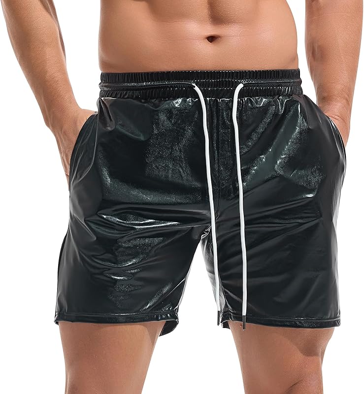 AMY COULEE Mens Metallic Shorts 5" Shiny Holographic Disco Shorts Outfit Sparkly Rave Hot Drawstring Shorts - TrendyLookz