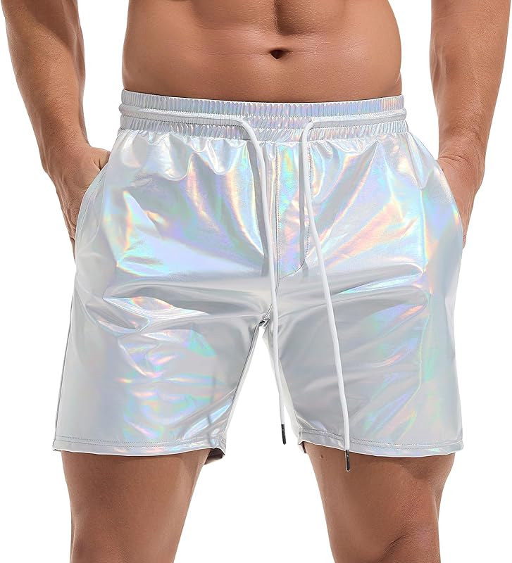 AMY COULEE Mens Metallic Shorts 5" Shiny Holographic Disco Shorts Outfit Sparkly Rave Hot Drawstring Shorts - TrendyLookz
