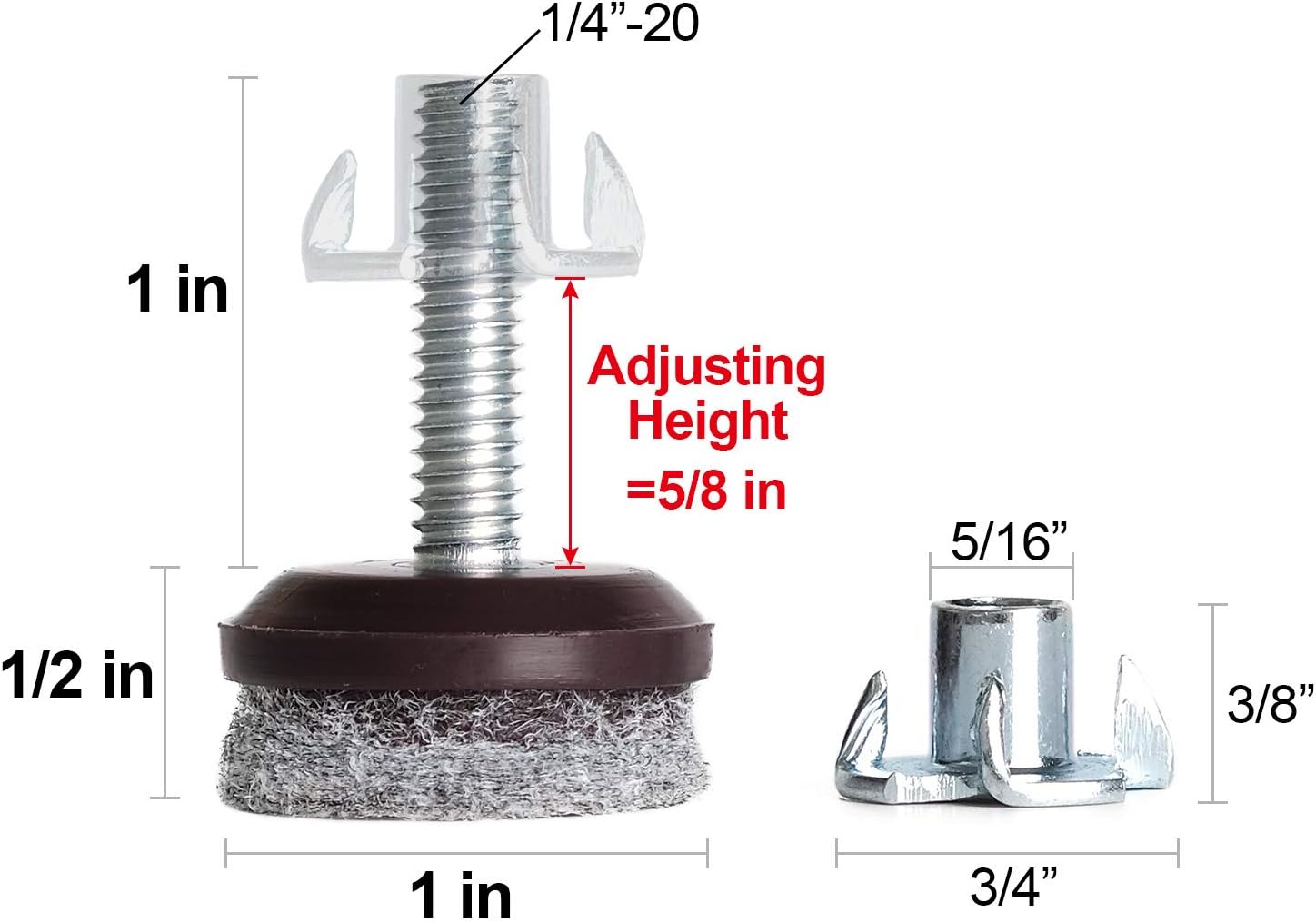 Anwenk Furniture Levelers Adjustable Furniture Feet Leveling Table Chair Levelers T - Nut Leg Levelers with High - Density Felt, 1/4 - 20x1" Threaded Shank T - Nuts,12 Pack - TrendyLookz