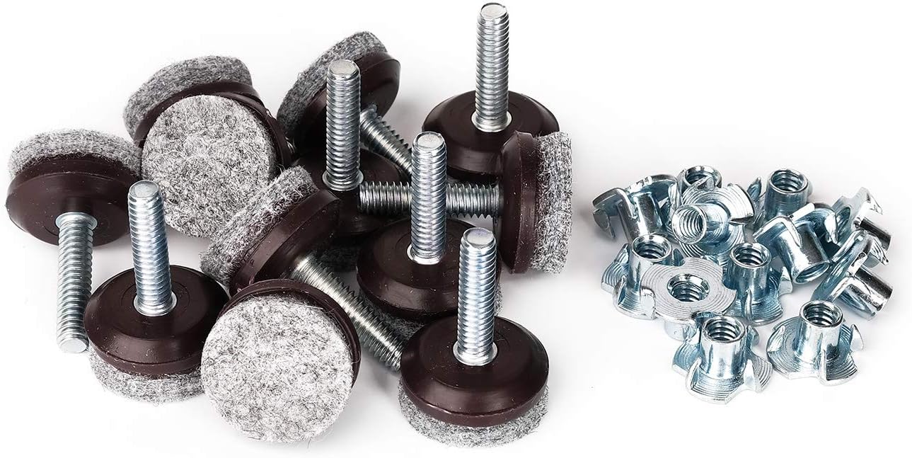 Anwenk Furniture Levelers Adjustable Furniture Feet Leveling Table Chair Levelers T - Nut Leg Levelers with High - Density Felt, 1/4 - 20x1" Threaded Shank T - Nuts,12 Pack - TrendyLookz
