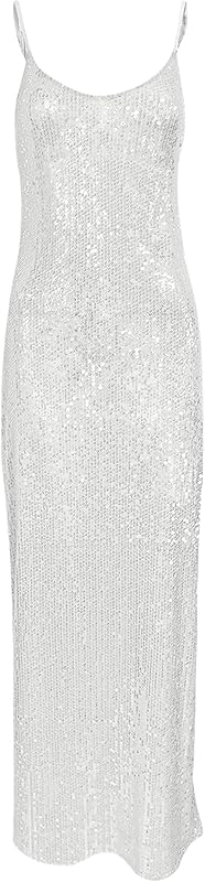 BOLLEY JOSS Women's Sequins Maxi Dress Sexy Spaghetti Strap Long Dress Sparkly Back Slit Bodycon Dresses