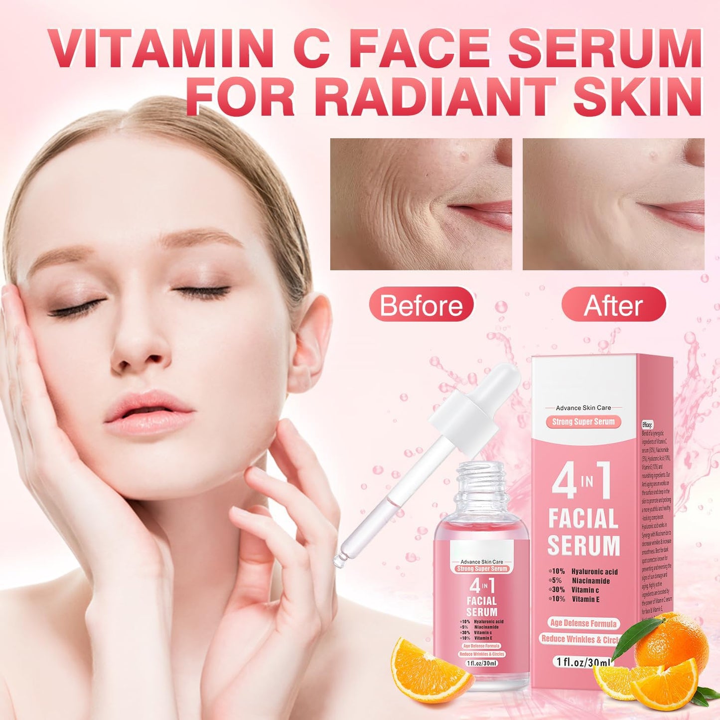 Vitamin C Serum For Face, Anti Aging Facial Serum with Vitamin C, Hyaluronic Acid, Vitamin E, Brightening, Repairing Essence, Hydrating Serum for Face, for Dull Skin & Fine Lines 30ml