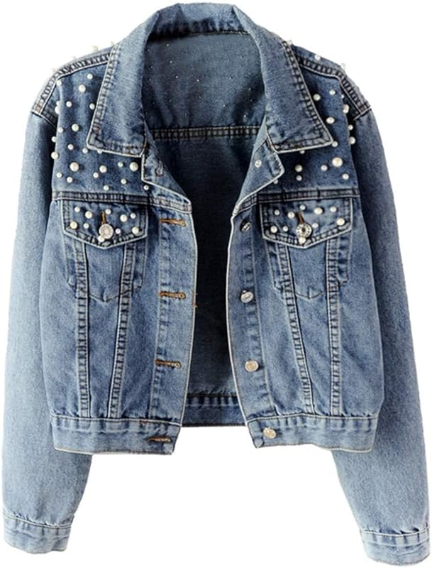 Women’s Oversized Denim Jacket with Pearl Beading and Embroidered Details – Jean Coat