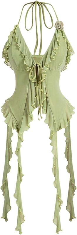WDIRARA Women's 3D Flower Tie Front Ruffle Trim Halter Top Tie Backless Camisole
