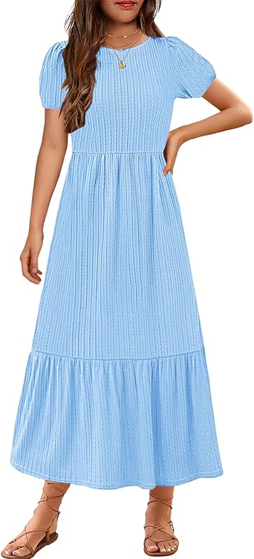 YOVION Girls Maxi Dress Summer Puff Sleeve Crew Neck Tiered Flowy Casual Holiday Dresses with Pockets for 6-12 Y