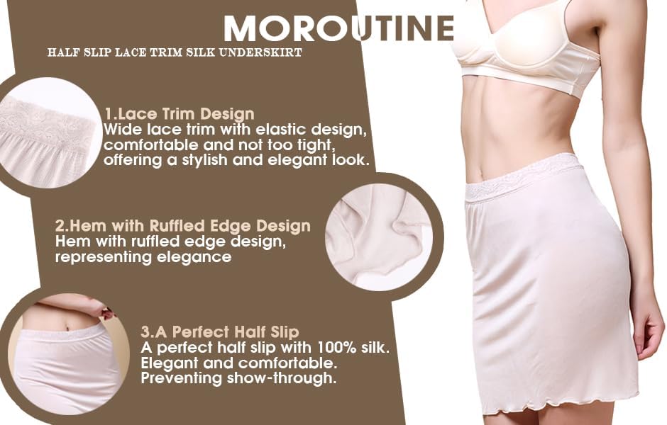 Women's Silk Half Slip Lace Trim Waist Short Underskirt Anti Cling Seamless Under Dress