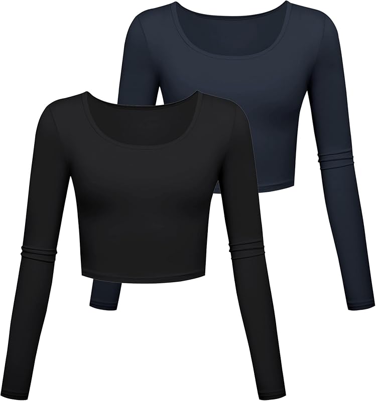 Long Sleeve Crop Tops for Women Workout Basic Clothes for Teen Ladies Fitted Slim Scoop Neck Cute Yoga Shirts