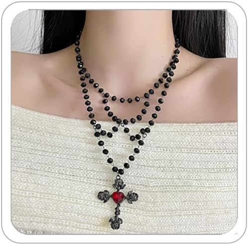 Gothic Cross Necklaces Layered Pearl Beads Cross Pendant Necklaces Punk Vintage Cross Chain Necklace Chunky Cross Necklace Gothic Jewelry for Women