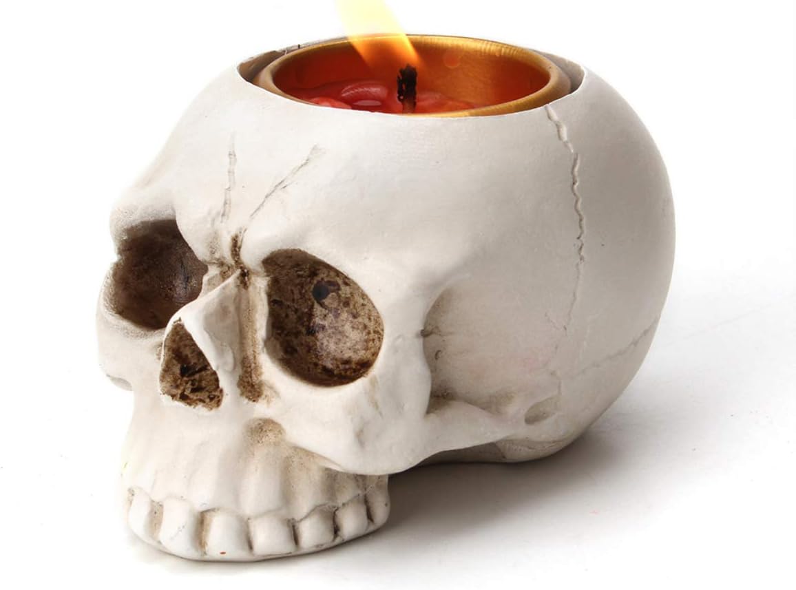 1 PCS Skeleton Skull Candlestick Holder Halloween Home Party Decorative Resin Skeleton Candle Holder Themed Bar Decoration (White)