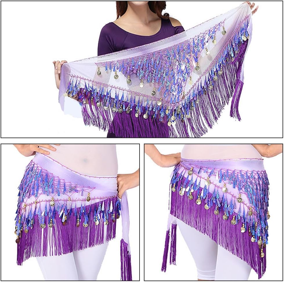 SITAKEGS Belly Dance Hip Scarfs,Girls/Women's Wave Shape Skirts Wrap with Sequin,Purple Chiffon Tassel Skirt Waist Costume Belt for Festival Club Summer Beach Dance