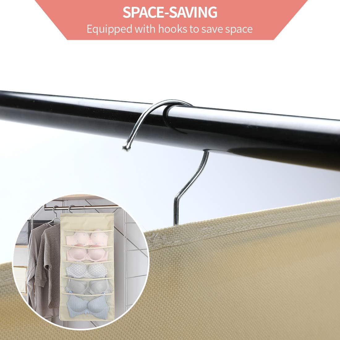 Enlarged Closet Hanging Bra Organizer with Rotating Metal Hanger, Dual Sided Wall Shelf Wardrobe Mesh Pockets Hanging Storage Bag for Bra Socks Underwear Underpants