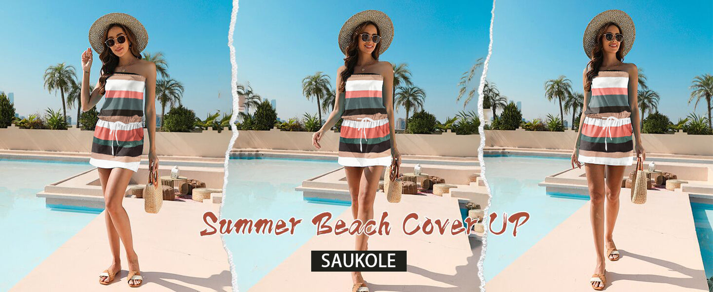 SAUKOLE Summer Dress for Women Strapless Beach Cover Ups Boho Sundress Mini Dress Drawstring Waist with Pockets