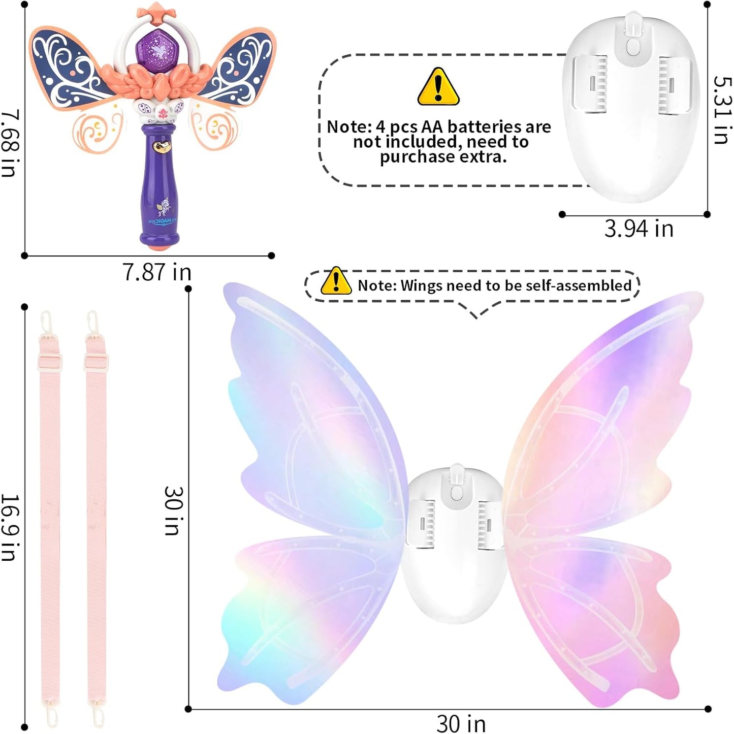 Electric Fairy Wings and princess wand for Girls, Princess Dress up Costume, Moving Butterfly Wings with LED Lights and Music, Toys for Kids as Halloween Birthday Christmas Party Cosplay Gift