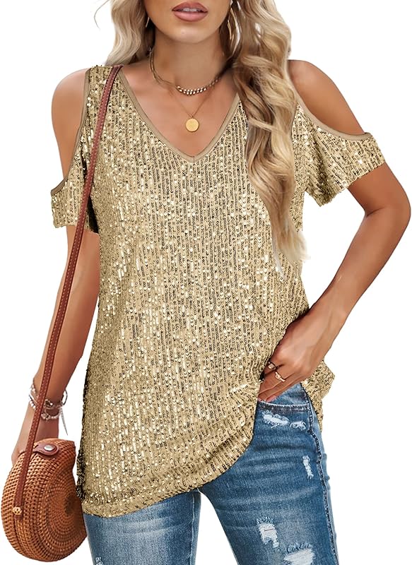 Sequin Tops Women Sparkly Shirt: Party Top Sparkle Shirts Glitter Cold Shoulder V Neck Blouses Evening Club Outfits