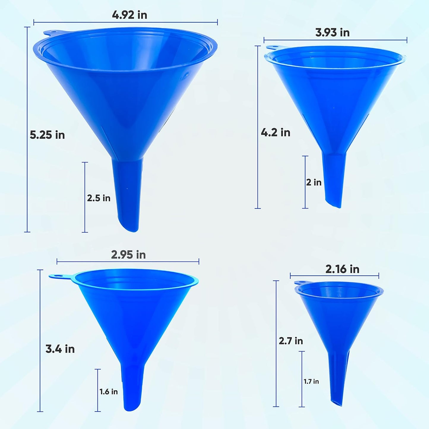 Liqvee Funnel Blue in 4 Different Sizes (122, 101, 76 & 50mm) Durable & Non-Toxic Food Grade Plastic -Funnels for Filling Bottles or Containers – Ideal for Kitchen, Garage & Labs (Blue)