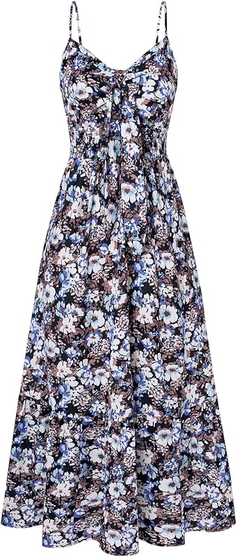 GRACE KARIN Women's 2025 Summer Maxi Dress Floral Tie Front Spaghetti Strap Casual Boho Beach Flowy Sundress with Pockets