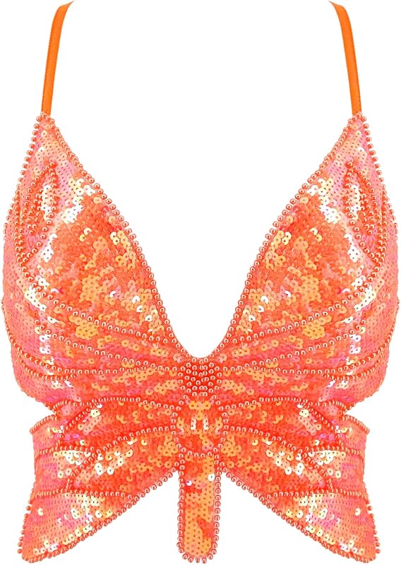 Mocure Womens Glitter Sequin Butterfly Crop Top Low-Cut Tank Top Rave Tube Vest Top for Belly Dance Costume Outfits