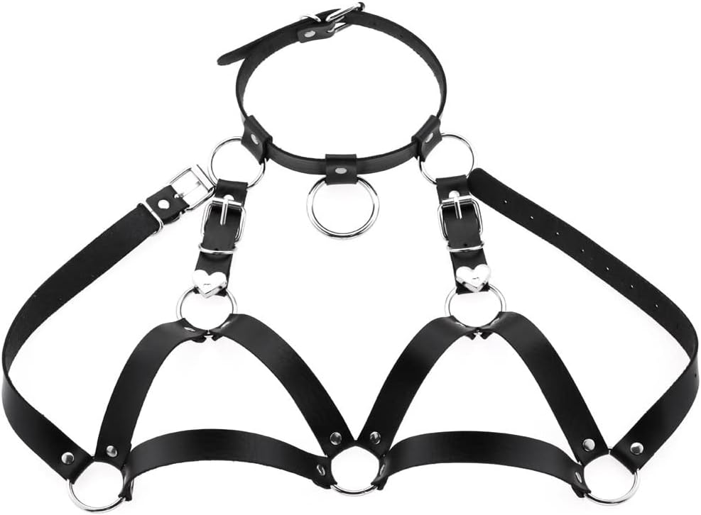 Leather Chest Straps Harness Body Chain Heart Harajuku Punk Caged Bra Waist Belts with Choker Collar for Women Rave Outfits