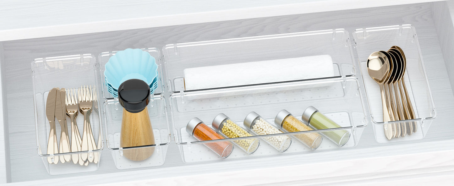 WOWBOX 6 Pack Clear Drawer Organizer Set, Acrylic Drawer Storage Trays, Storage Bins for Makeup, Cosmetics, Jewelries, Utensils, Gadgets, Office