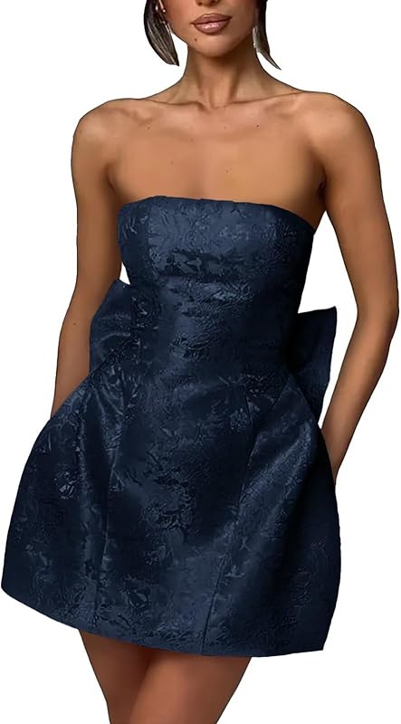 Xijun Short Jacquard Satin Homecoming Dresses for Teens Strapless Embroidery Mini Prom Cocktail Party Gown with Bow