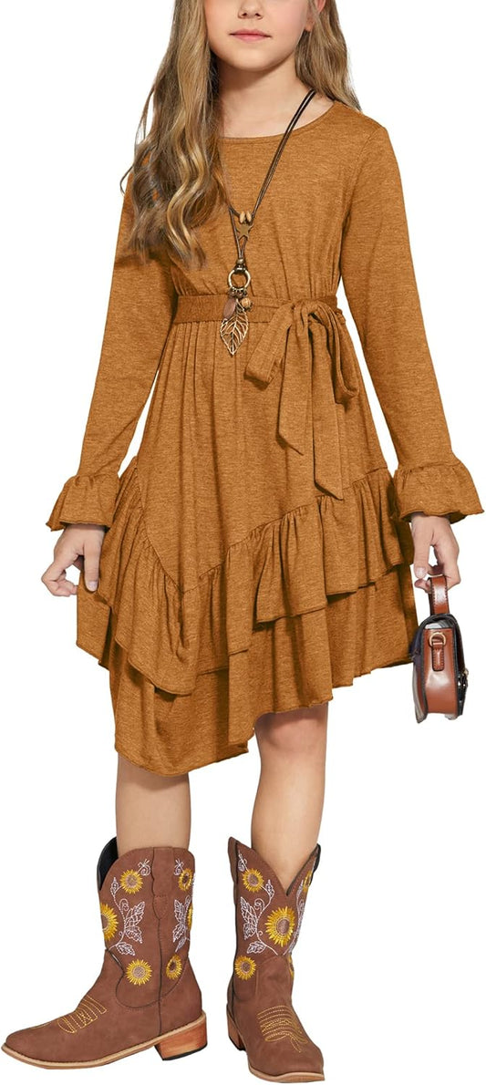 Arshiner Girls Dresses Loose Plain Casual Ruffle Swing Midi Dress with Belt for 5-14 Years