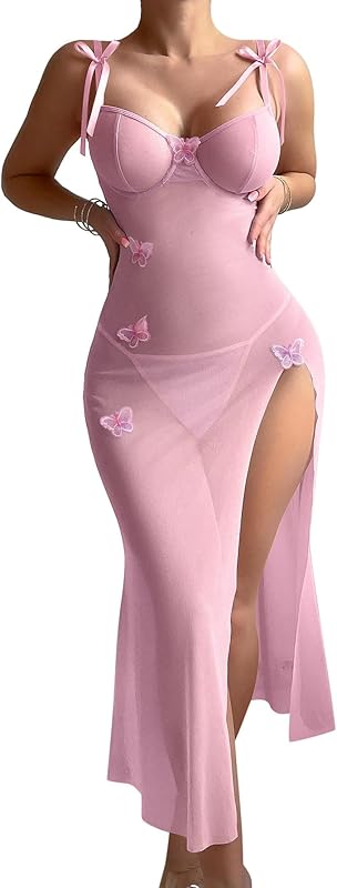 Sexy Butterfly Split Leg Underwire Sheer Mesh Maxi Lingerie Dress with Thong 2 Piece Set
