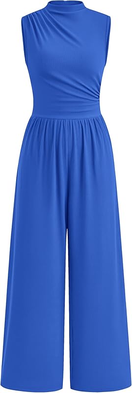 PRETTYGARDEN Womens Summer Jumpsuits Dressy Casual One Piece Outfits Sleeveless Mock Neck Wide Leg Pants Rompers with Pockets