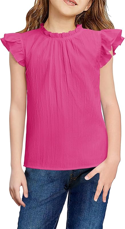 Arshiner Girls Ruffle Short Sleeve Shirts Cute Summer Frill Neck Pleated Textured Blouse Tops