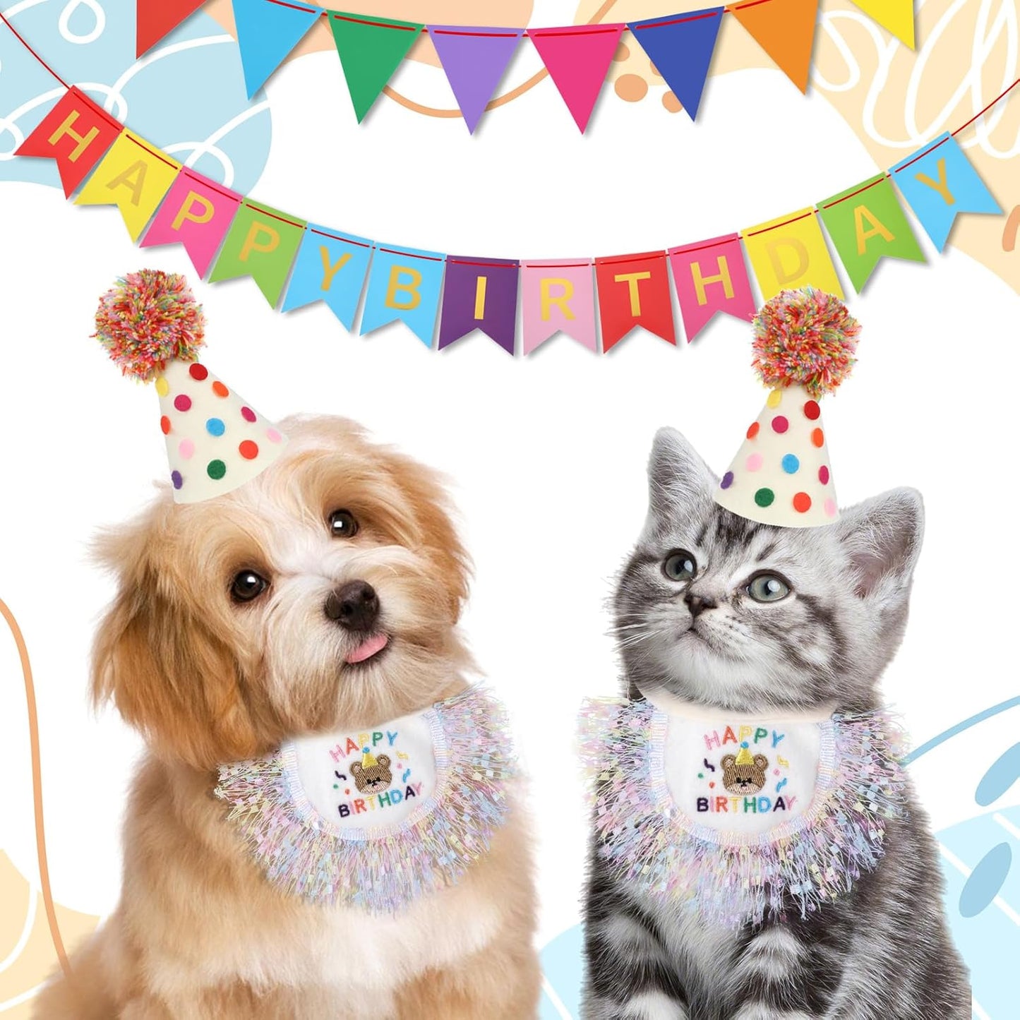 Cat Birthday Hat and Bandana Scarf, Cat Birthday Outfit Party Hat Dog Costumes Cute Lace Puppy Bib Scarf Party Decorations Set for Small Medium Cats & Doggy