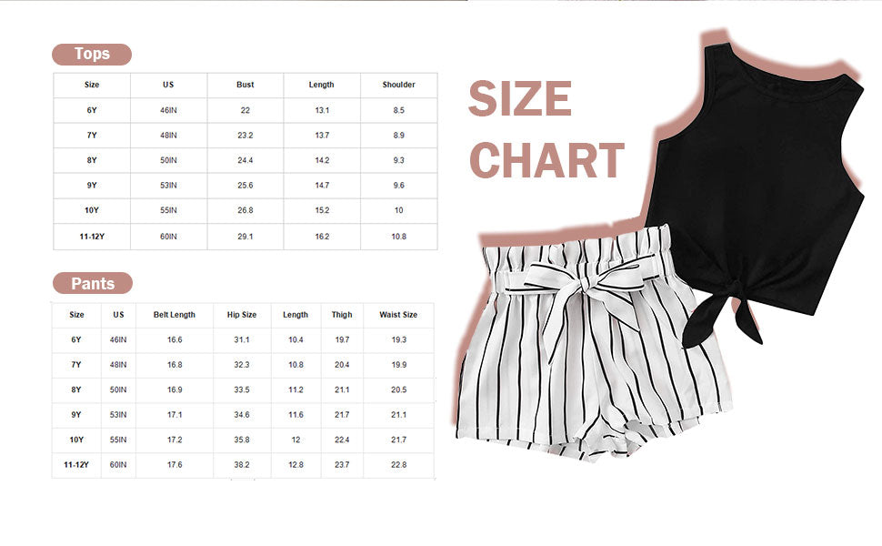 OYOANGLE Girl's 2 Piece Outfits Summer Tie Knot Tank Top and Paperbag Waist Striped Shorts Set