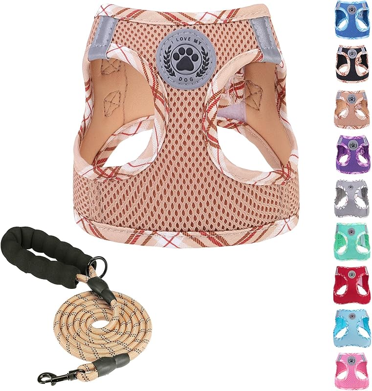 BEAUTYZOO Plaid Dog Harness and Leash Set for XS S Pets, Step-in No Choke No Pull Soft Mesh Vest Harness, Reflective for Extra-Small/Small Medium Puppy Dogs and Cats, Beige S