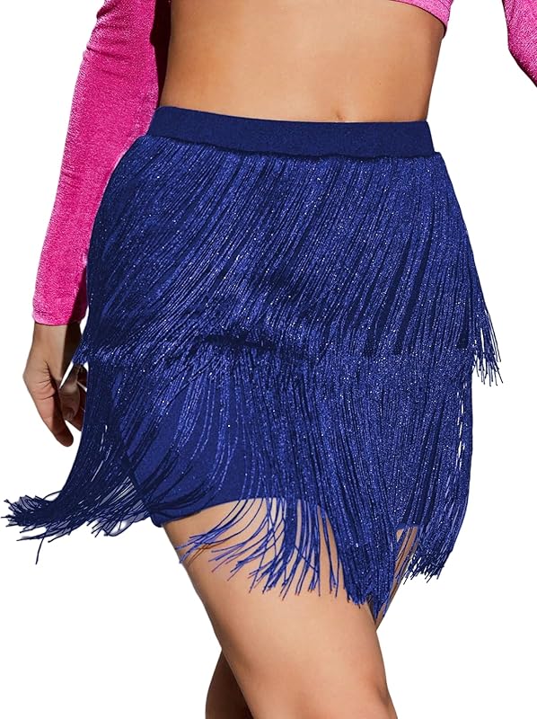 WDIRARA Women's Fringe Skirt High Waisted Tiered Dance Party Layered Swing Mini Skirt