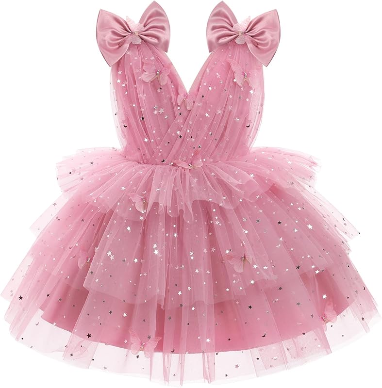 IMEKIS Toddler Girls Butterfly Birthday Dress Rainbow Tulle Formal Wedding Party Ruffle Tutu Dresses Photo Shoot