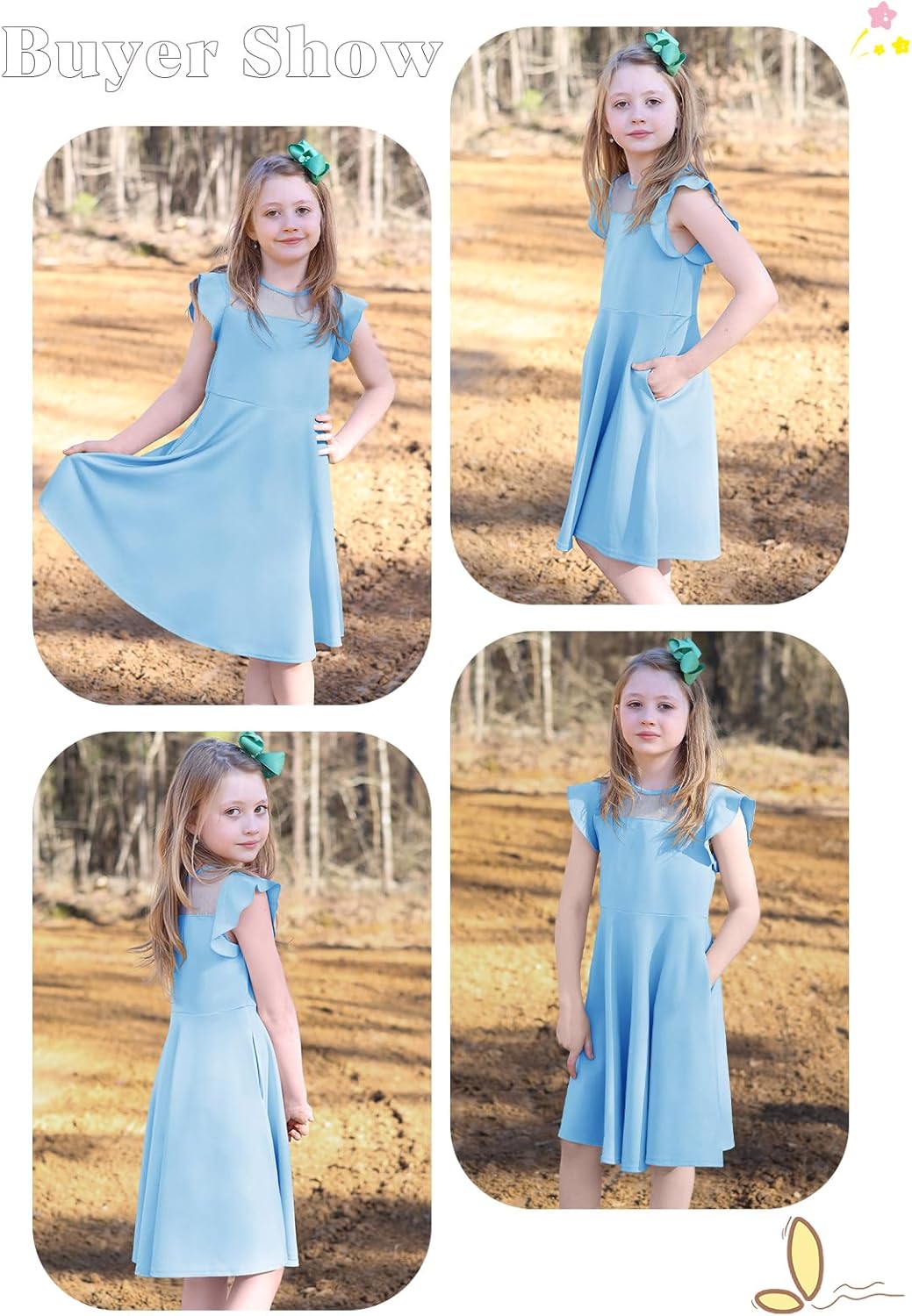 Haloumoning Girls Dress Summer Ruffle Sleeve Mesh A Line Casual Party Dresses with Pockets for Kids 4-14 Years