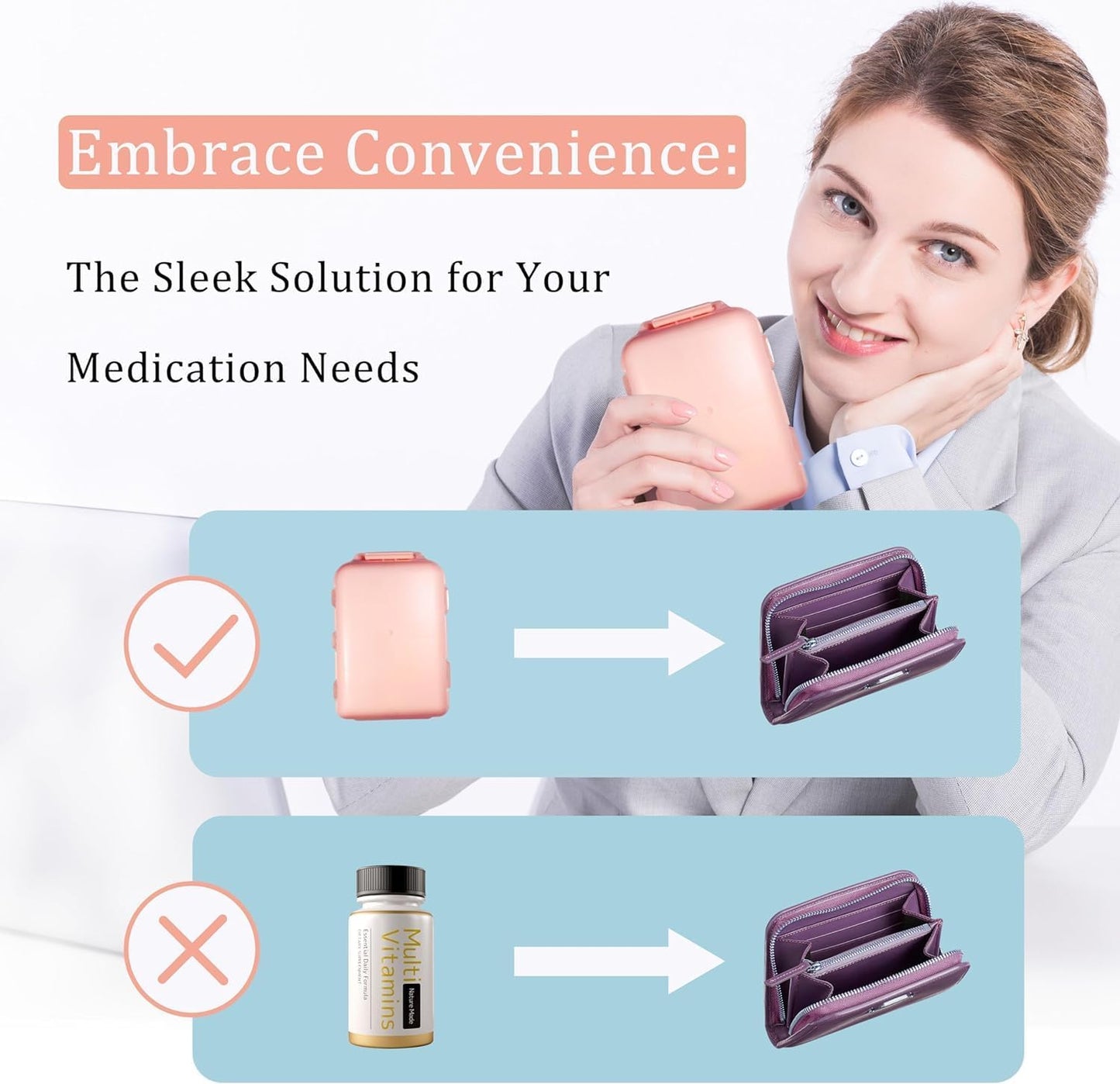 Pill Organizer with Medicine Labels 146 Labels Travel Daily Pill Container Mini Medication Organizer Storage Pill Organizer Travel Essentials Pill Case 7 Day (Purple, 1 Pack(Large))