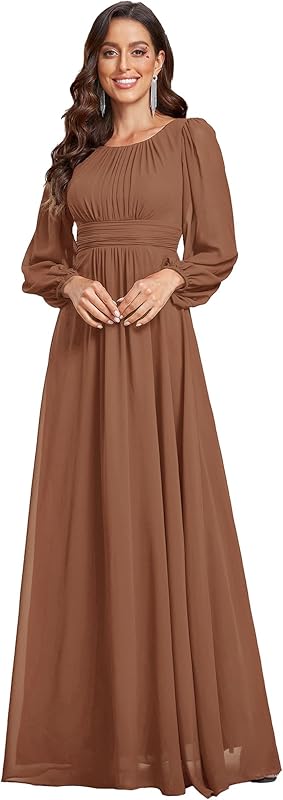 Ever-Pretty Women's Crewneck Long Lantern Sleeves Floor Length A-Line Pleated Chiffon Formal Dress 0106B