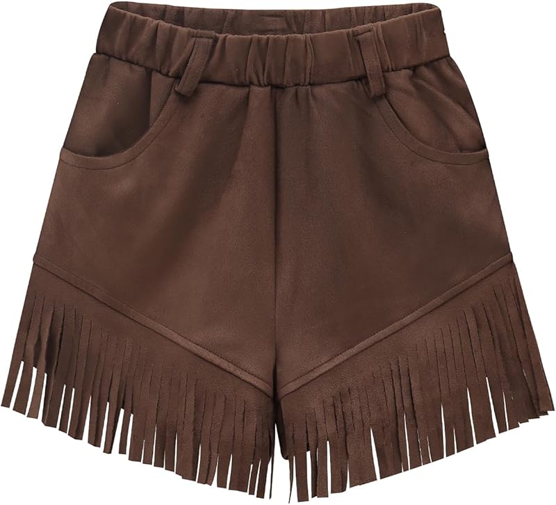 Noomelfish Kids Faux Suede Fringe Shorts Tassel Cowgirl Outfits with Pockets (5-12 Years)