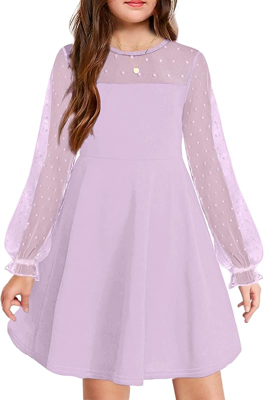 Arshiner Girl's Contrast Mesh Puff Long Sleeve High Waist A Line Short Dress with Pockets for 6-13 Years