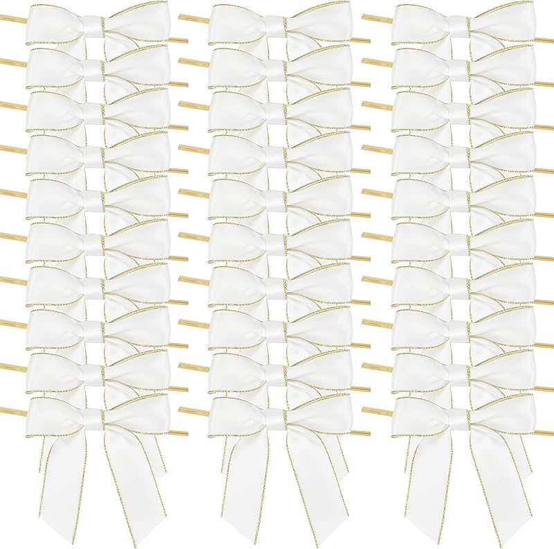 AIMUDI Pink Bows 3.5" Premade Satin Ribbon Bows with Gold Edge Pre-Tied Twist Tie Bows for Gift Wrapping Crafts Treat Bags Baby Shower Wedding Party Decorations, 50 Counts