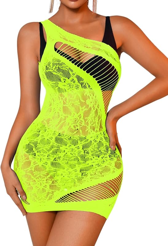 Lace Mini Dress Lingerie, Fit 0-16 Exotic Stripper Outfit for Women, Sexy Floral Mesh See Sheer Through Plus Size