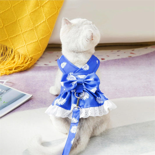 Dog Harness Dress for Small Dog Daisy Floral Pet Harness and Leash Set Bow Knot Girl Puppy Princess Skirt with D-Ring Mesh Summer Pet Clothes for Cat Dogs (Blue, XS)