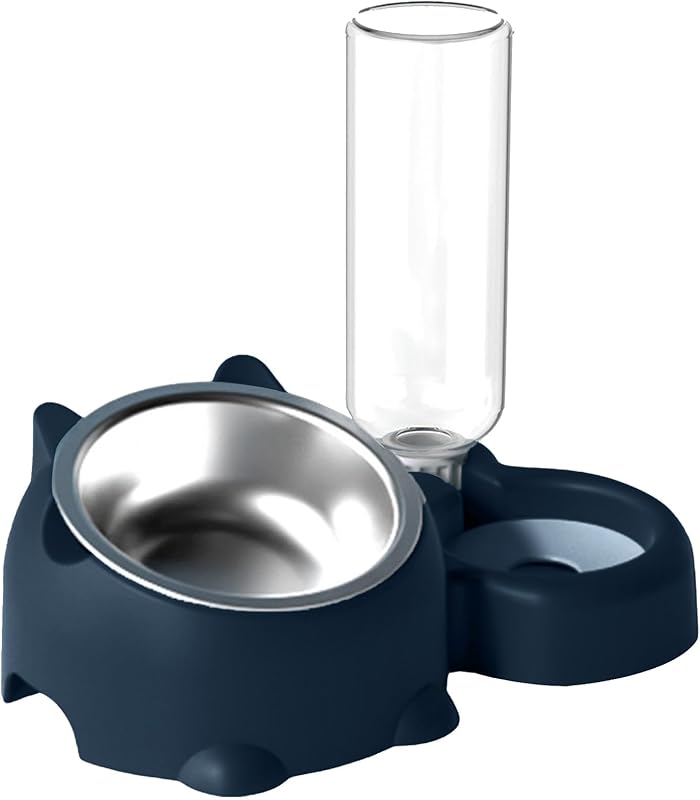 Double Dog Cat Bowls, Pets Water and Food Bowl Set, 15° Tilted Dishes with Water Dispenser, Pet Feeder Bowl Indoor for Kitten, Puppies, Small or Medium Size Dogs Cats (Grey)
