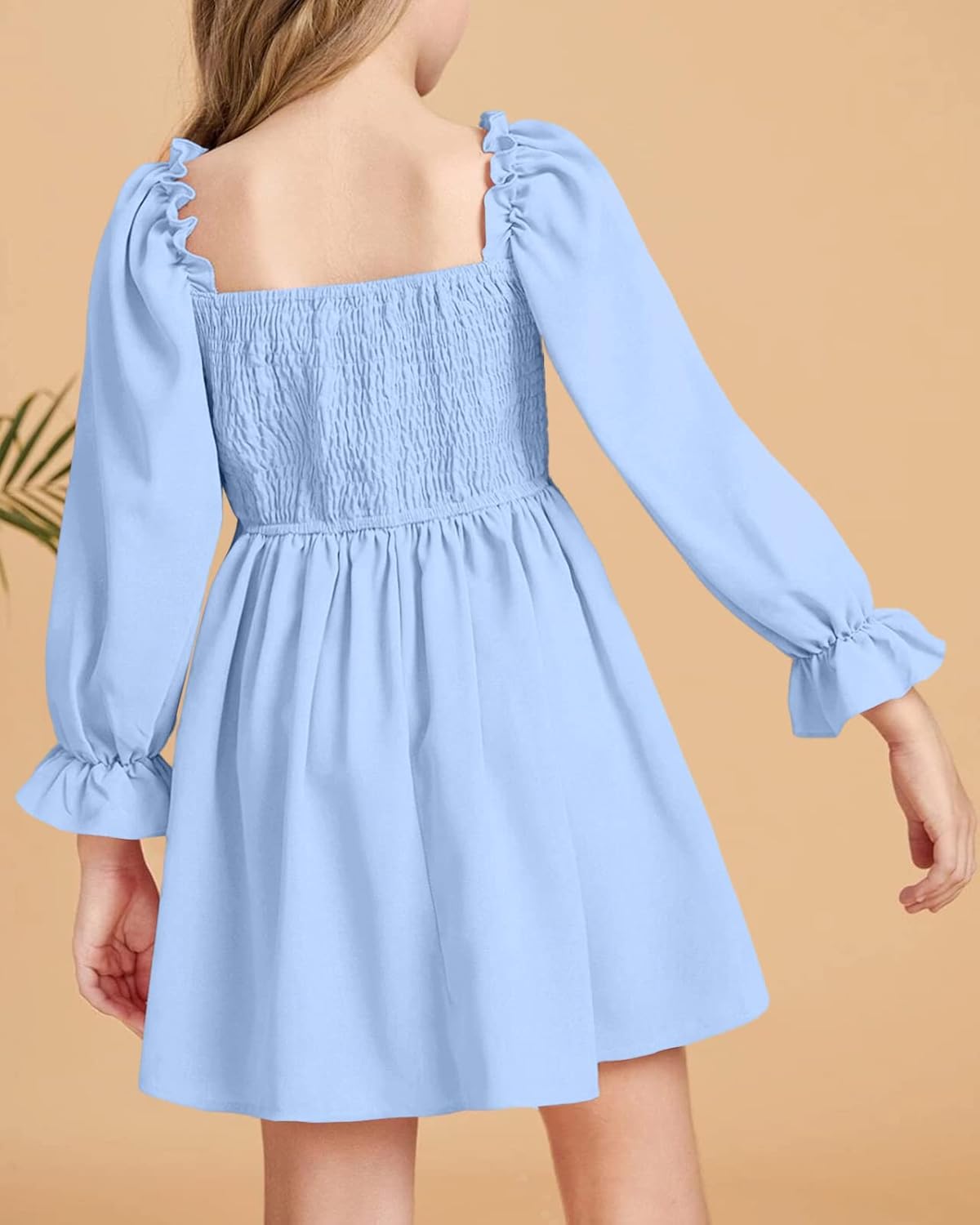 Little Girls Kids Summer Chiffon Ruffle Mini Dress Square Neck Lantern Sleeve Short Dress Tulle Smocked