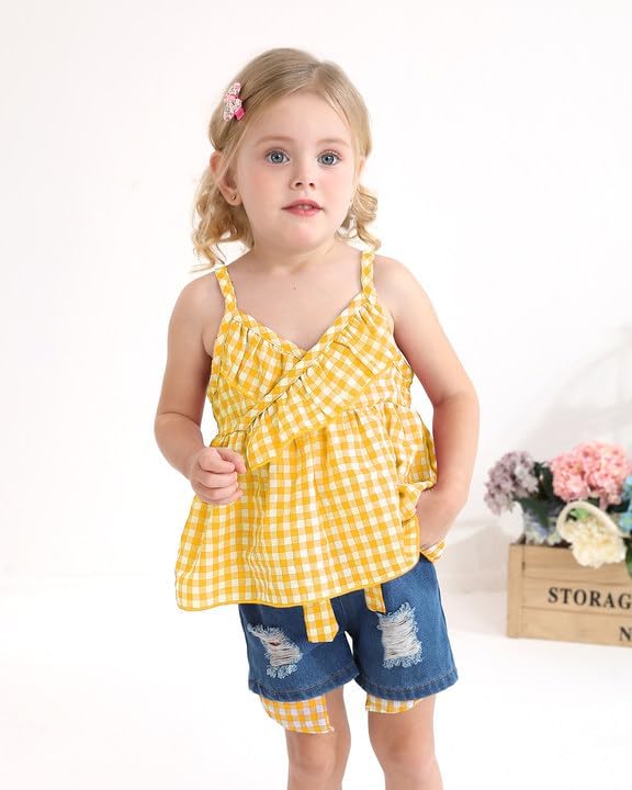 Kucnuzki Baby Girl Clothes Toddler Girl Summer Two Piece Outfit Kids Ruffle Sleeveless Plaid Tops Denim Jeans Shorts Set