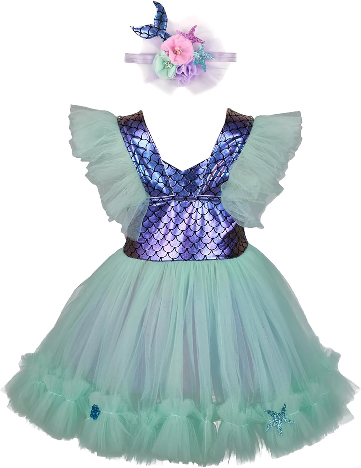 Kids Girls Mermaid Tutu Dress Outfit Fly Sleeve Tulle Patchwork A-line Dress with Headband