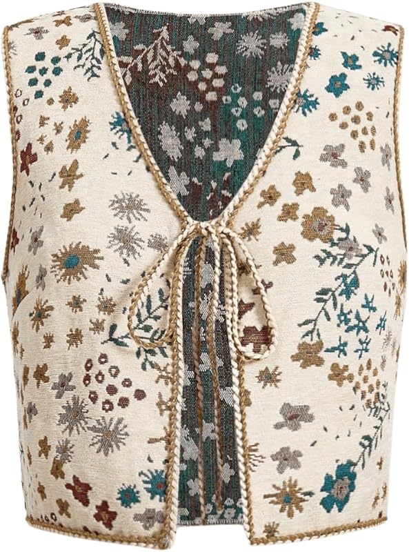 SweatyRocks Women's Floral Print V Neck Vest Tie Front Sleeveless Boho Vests Tops