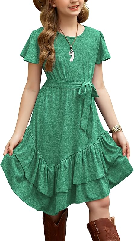 Arshiner Girls Dresses Loose Plain Casual Ruffle Swing Midi Dress with Belt for 5-14 Years