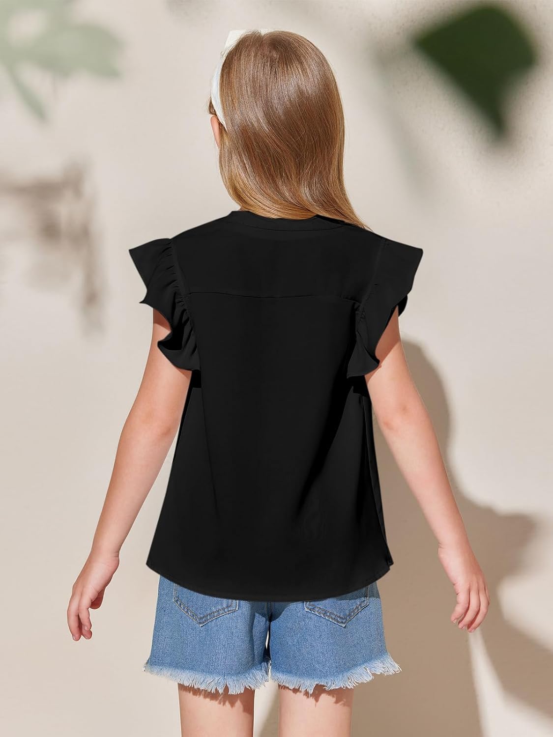 Haloumoning Girls Summer T Shirts Kids Fashion V Neck Ruffle Short Sleeve Tops Blouse 5-14 Years
