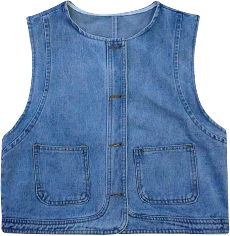 Womens Sleeveless Denim Vest V Neck Button Down Jean Waistcoat Y2K Casual Trendy Loose Fit Lightweight Jackets with Pockets